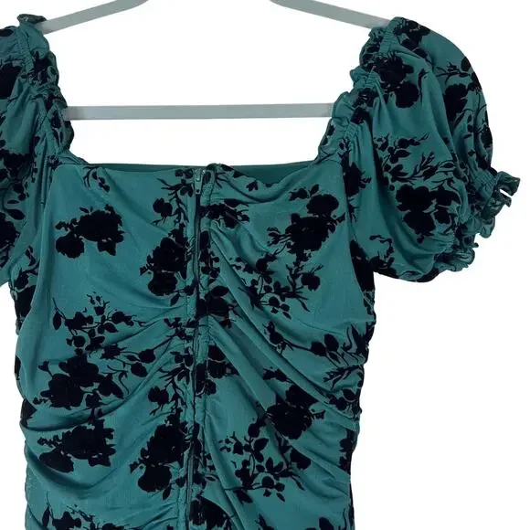 Dear Moon Green Burnout Velvet Floral Ruched Midi Dress Puff Sleeve Goth Holiday - Picture 6 of 7